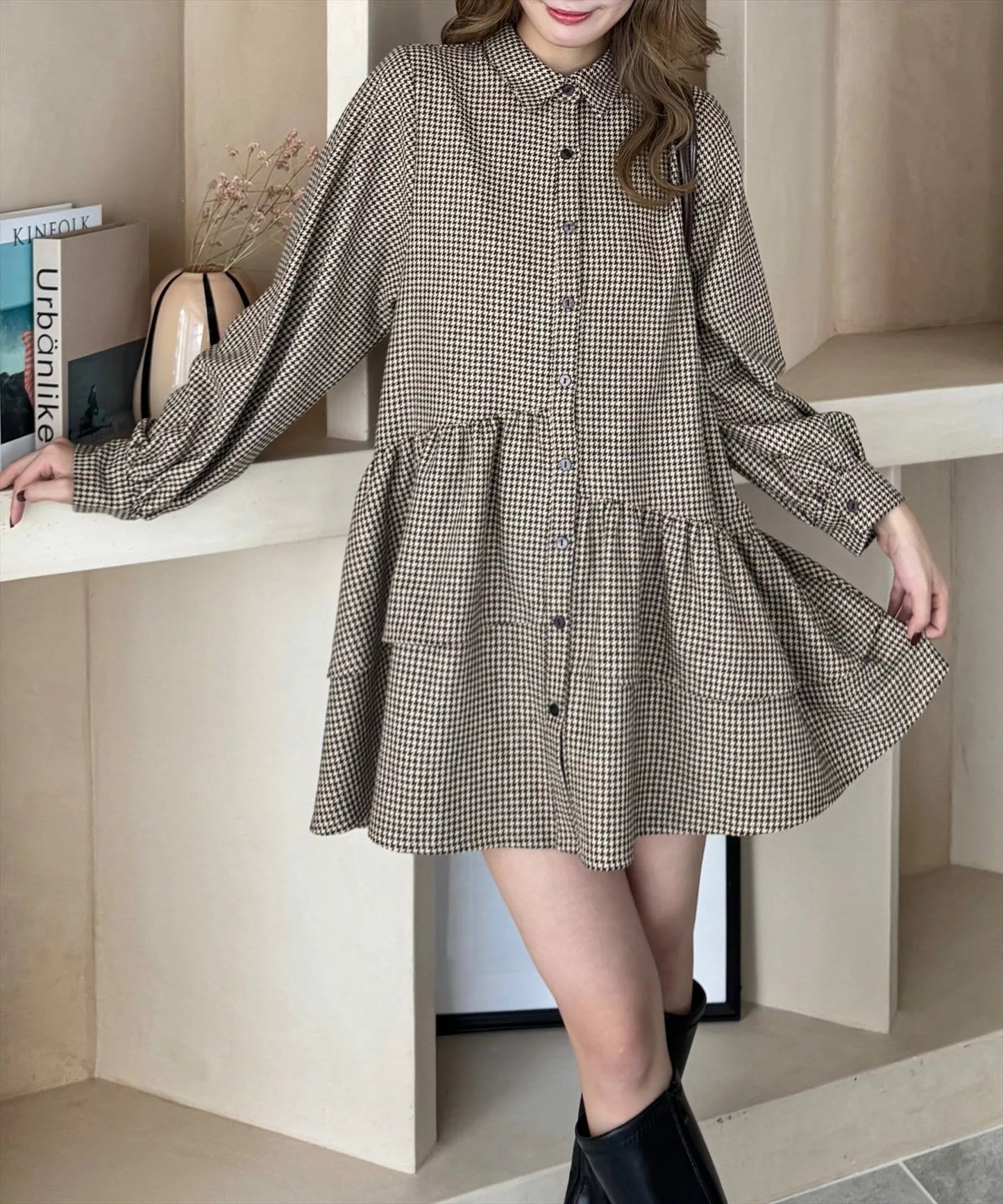 Clear 千鳥格Ruffle 連身裙 2色 [OP0167]