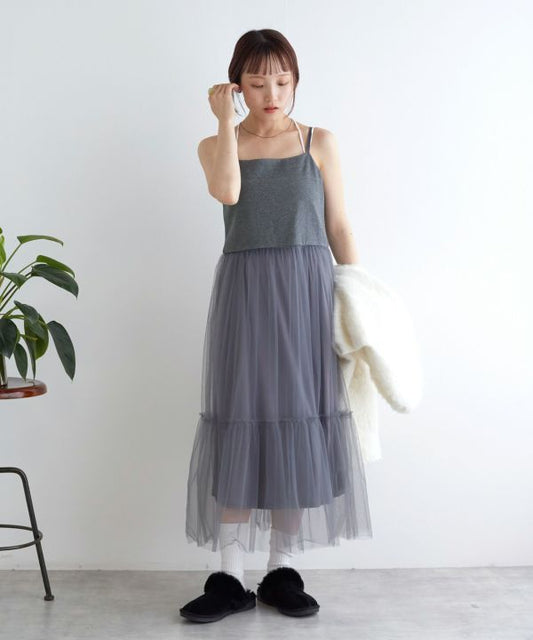 w closet 薄紗吊帶連身裙連內搭半裙 [OP233]