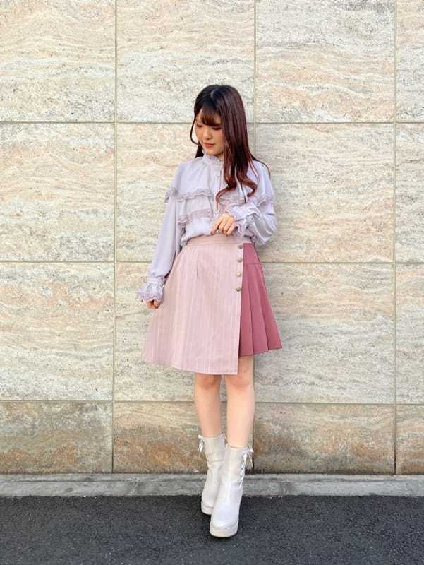 axes femme 粉色條紋百褶裙 [BT254]