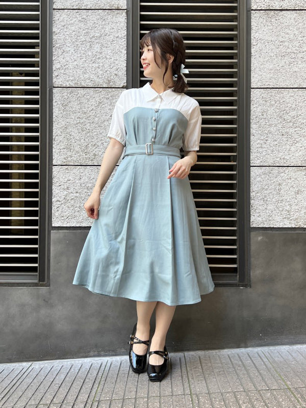 axes femme 附腰帶拼接設計連身裙 2色 [OP266]