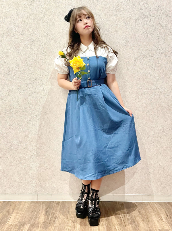 axes femme 附腰帶拼接設計連身裙 2色 [OP266]