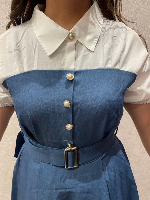 axes femme 附腰帶拼接設計連身裙 2色 [OP266]