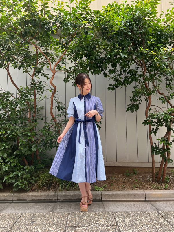 axes femme 條紋拼色綁帶襯衫連身裙 [OP268]