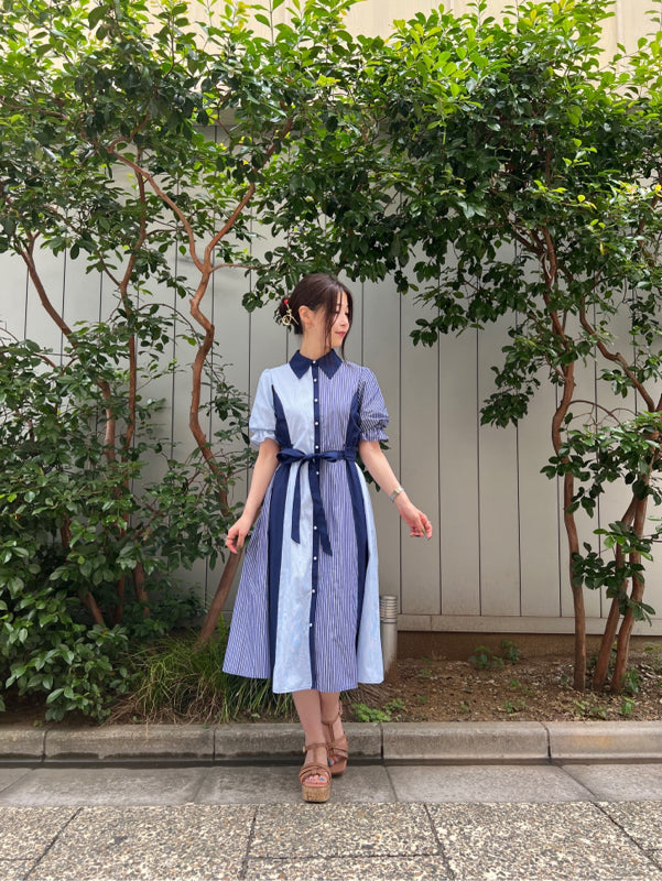 axes femme 條紋拼色綁帶襯衫連身裙 [OP268]