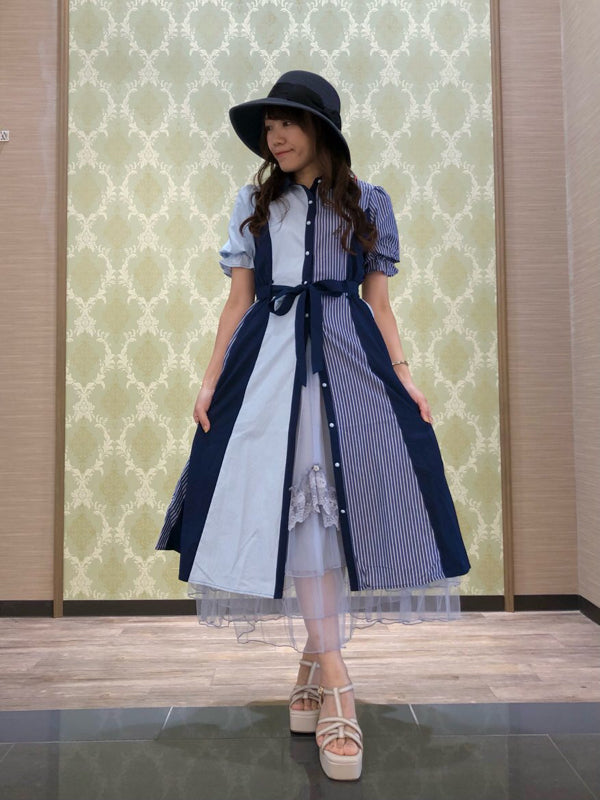 axes femme 條紋拼色綁帶襯衫連身裙 [OP268]