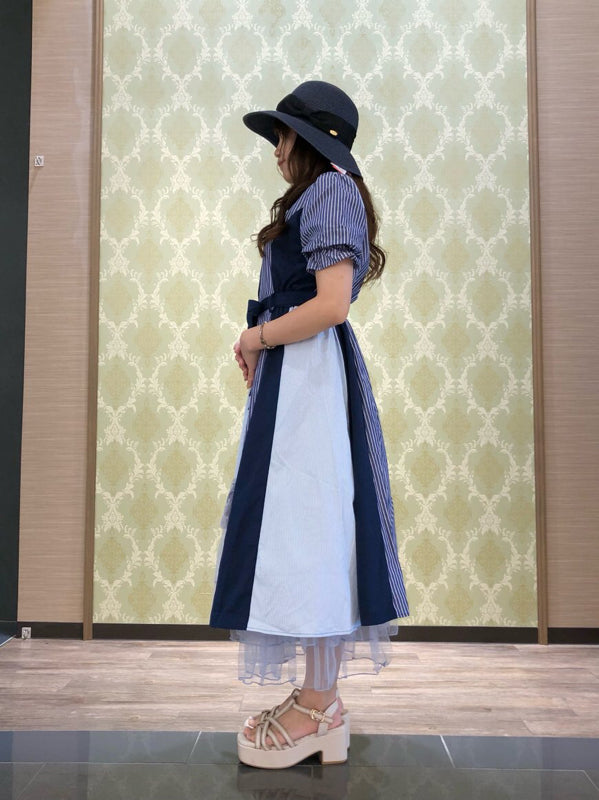 axes femme 條紋拼色綁帶襯衫連身裙 [OP268]