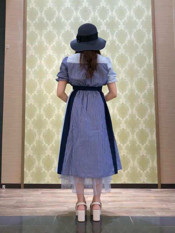 axes femme 條紋拼色綁帶襯衫連身裙 [OP268]