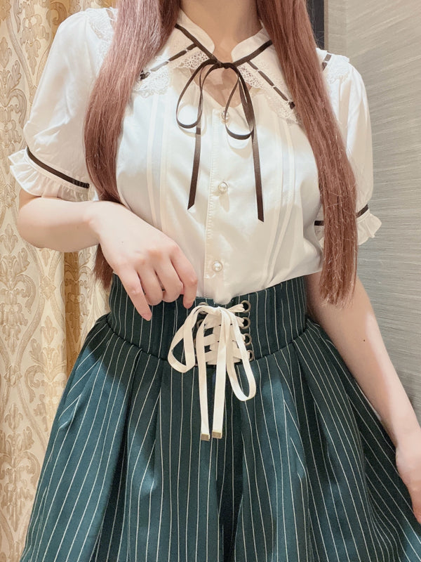 axes femme 前鏤空蕾絲線帶綁帶襯衫 [TP258]