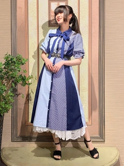 axes femme 條紋拼色綁帶襯衫連身裙 [OP268]