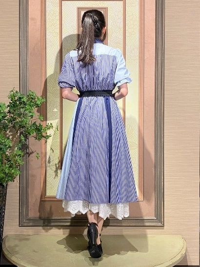 axes femme 條紋拼色綁帶襯衫連身裙 [OP268]