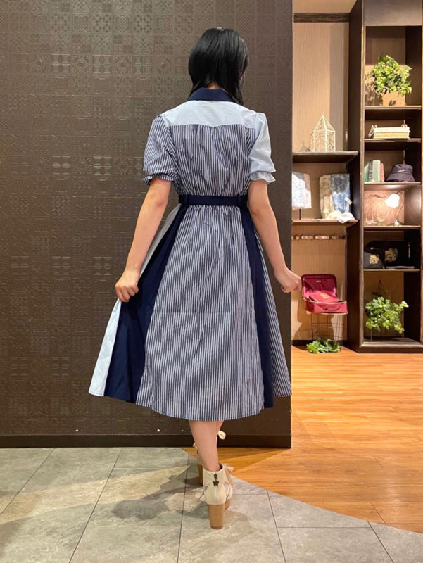 axes femme 條紋拼色綁帶襯衫連身裙 [OP268]