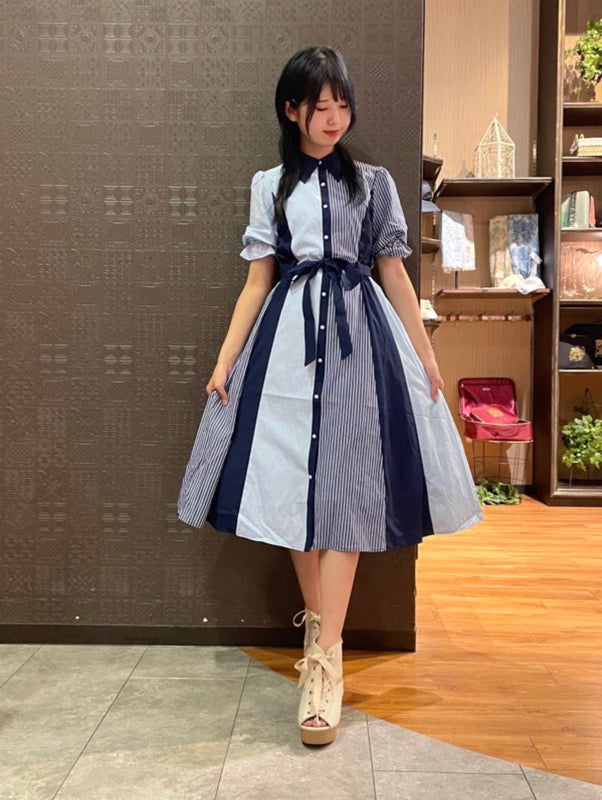 axes femme 條紋拼色綁帶襯衫連身裙 [OP268]