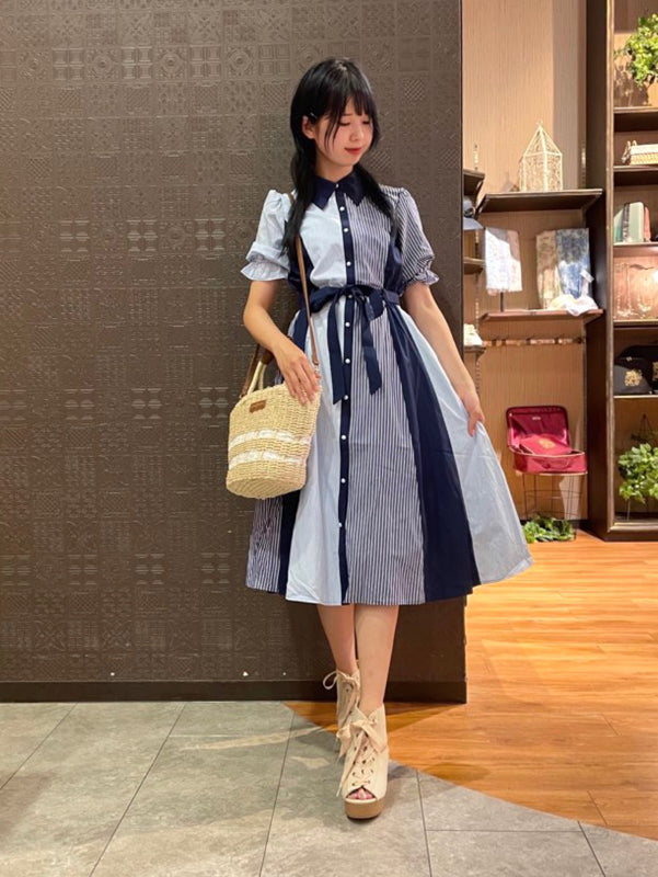 axes femme 條紋拼色綁帶襯衫連身裙 [OP268]