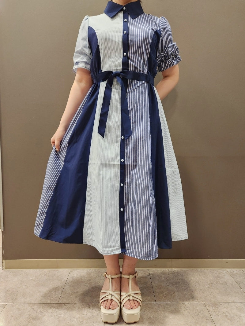 axes femme 條紋拼色綁帶襯衫連身裙 [OP268]