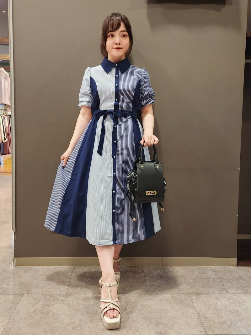 axes femme 條紋拼色綁帶襯衫連身裙 [OP268]