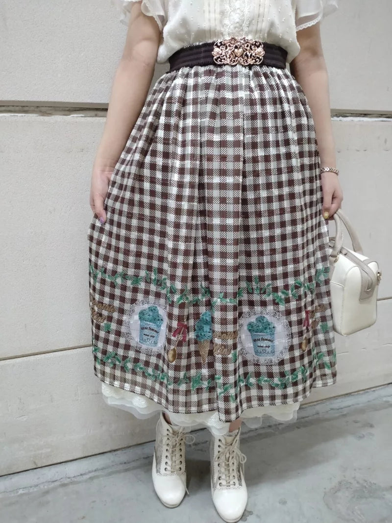 axes femme 田園風薄荷巧克力冰淇淋印花格仔半身裙 2色 [BT297]