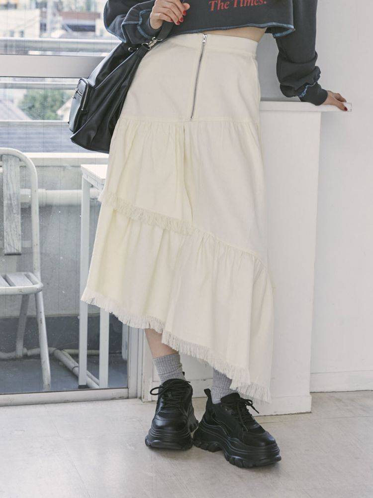 jouetie 前拉鏈流蘇分層半身裙 2色 [BT274]