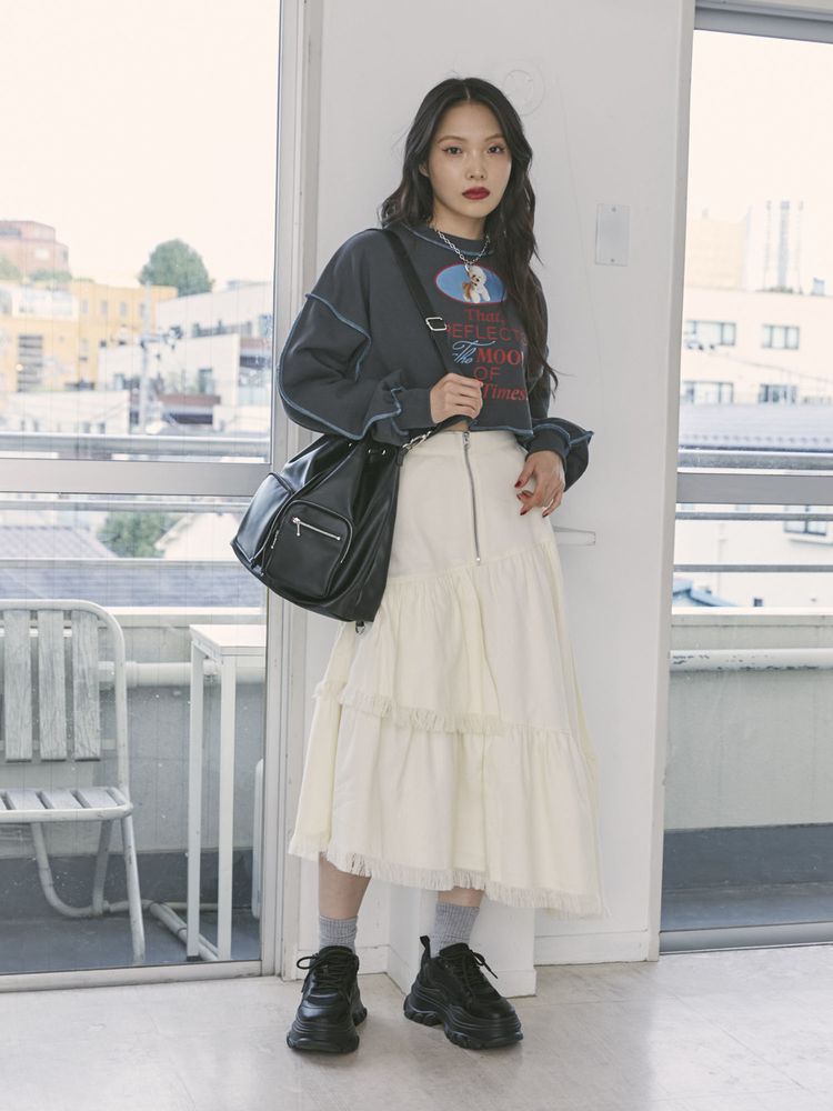 jouetie 前拉鏈流蘇分層半身裙 2色 [BT274]