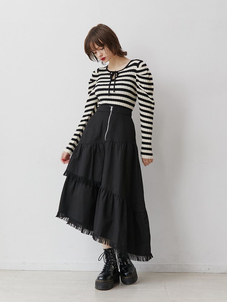 jouetie 前拉鏈流蘇分層半身裙 2色 [BT274]