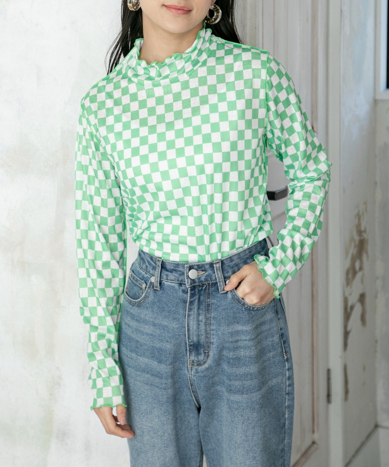 ems excite 波浪領口綠色格仔上衣 [TP201]