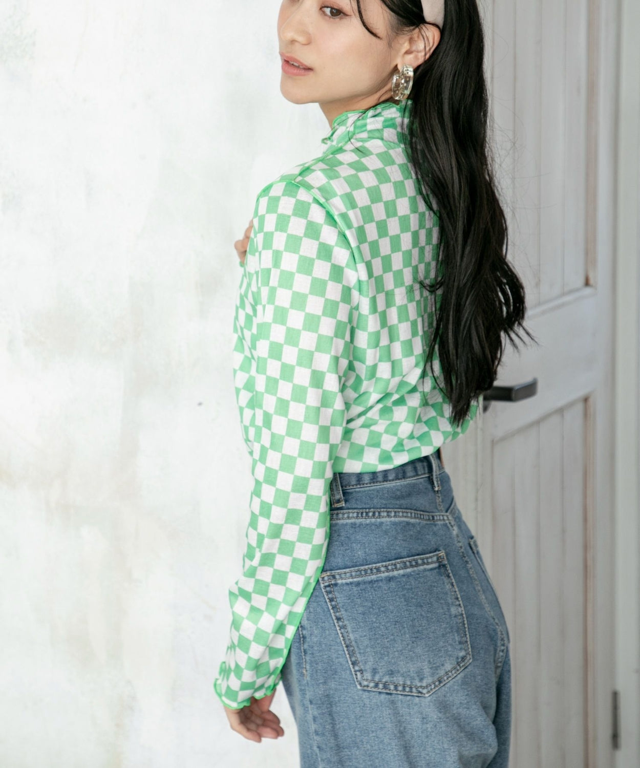 ems excite 波浪領口綠色格仔上衣 [TP201]