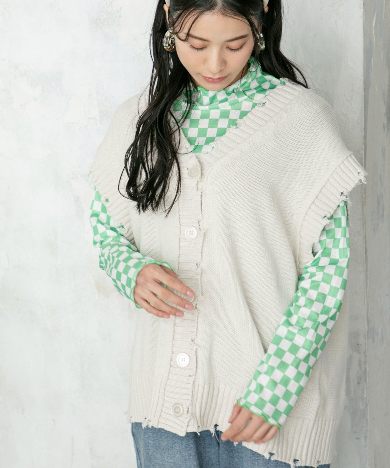 ems excite 波浪領口綠色格仔上衣 [TP201]