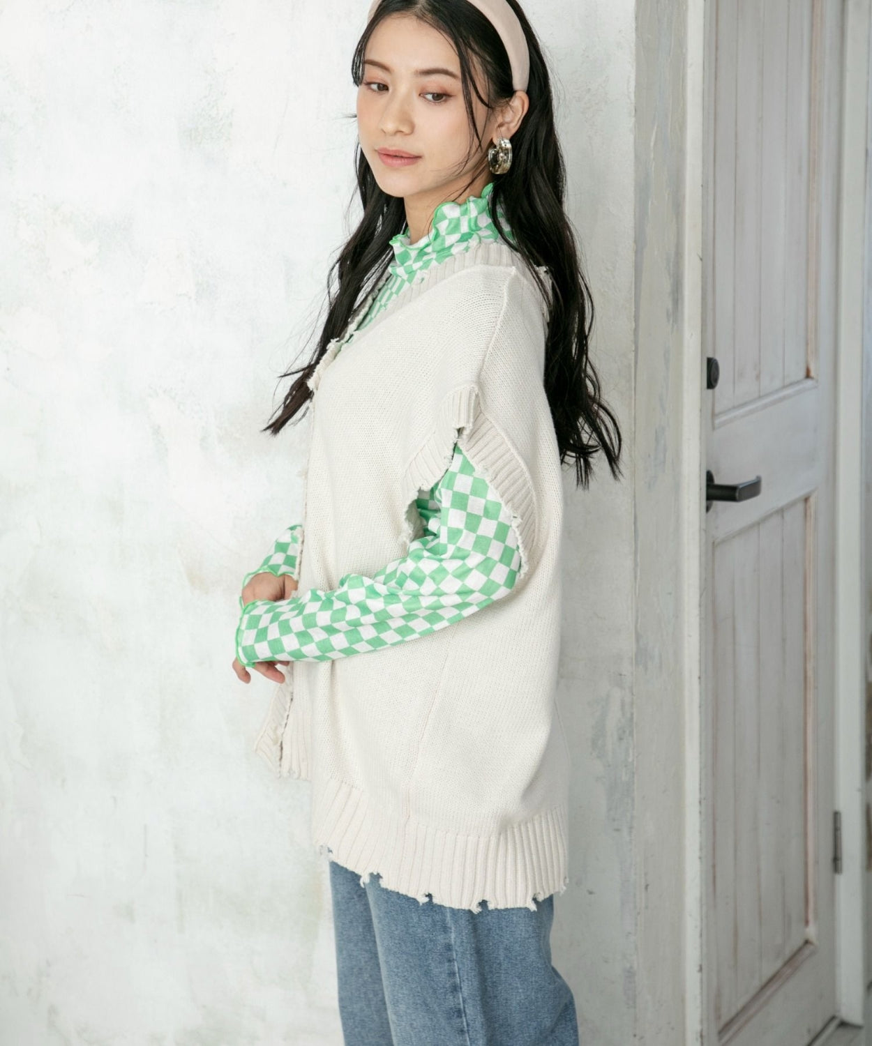 ems excite 波浪領口綠色格仔上衣 [TP201]