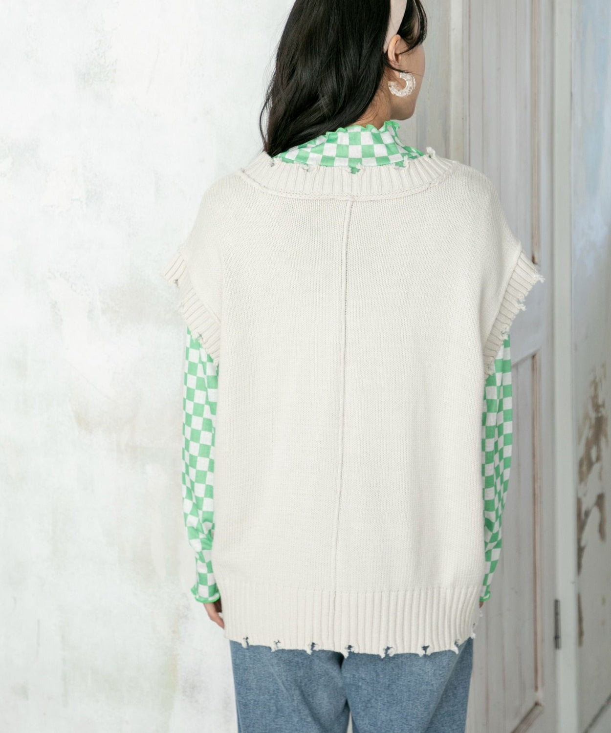 ems excite 波浪領口綠色格仔上衣 [TP201]