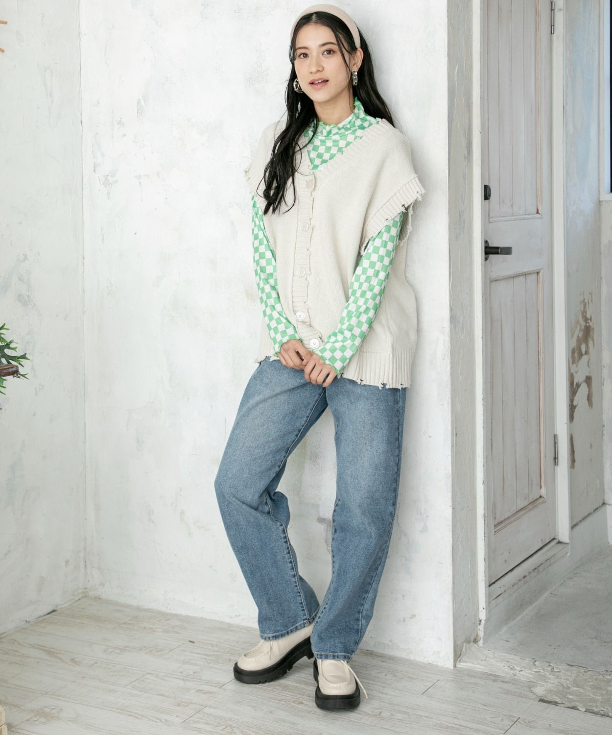 ems excite 波浪領口綠色格仔上衣 [TP201]