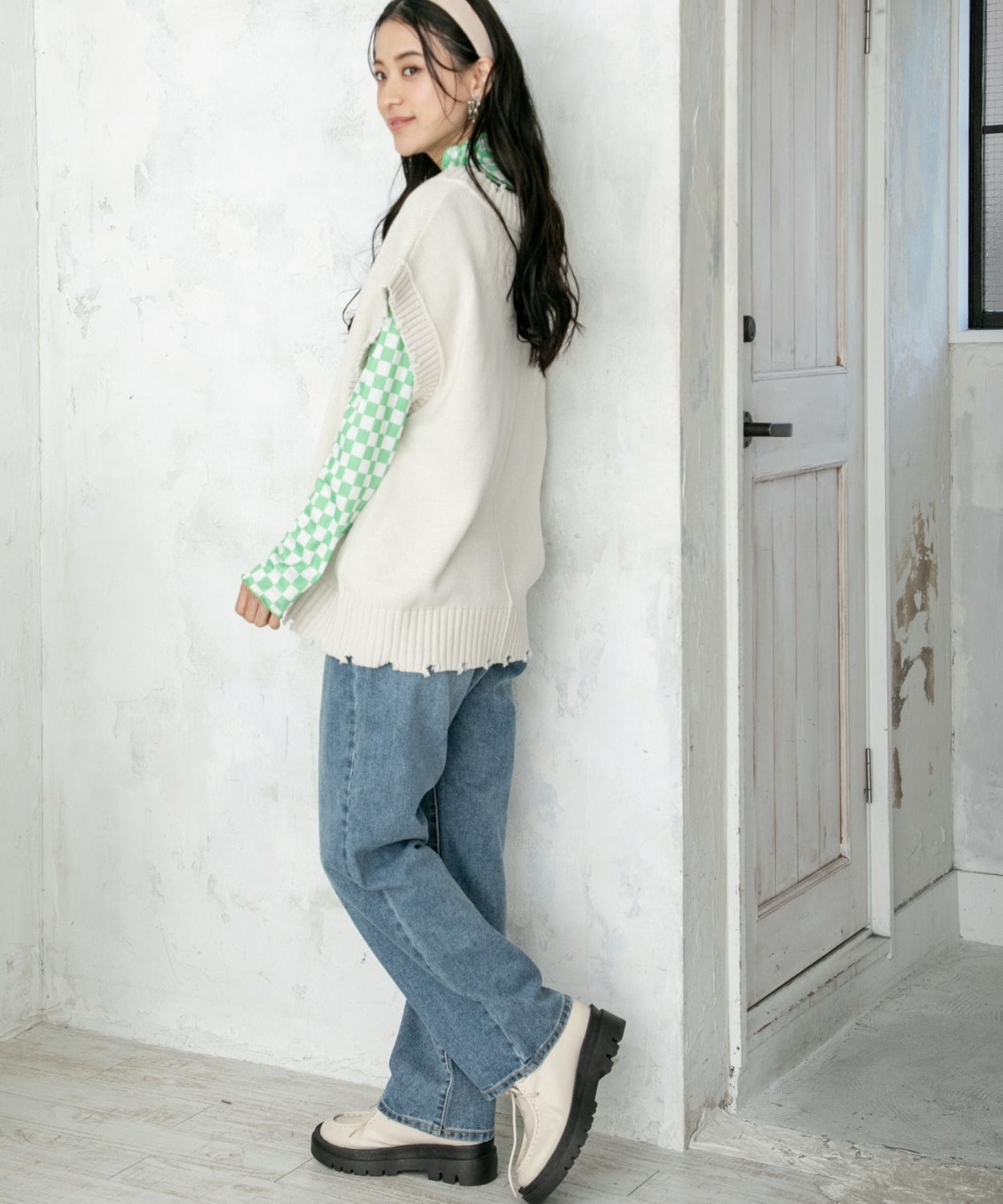 ems excite 波浪領口綠色格仔上衣 [TP201]