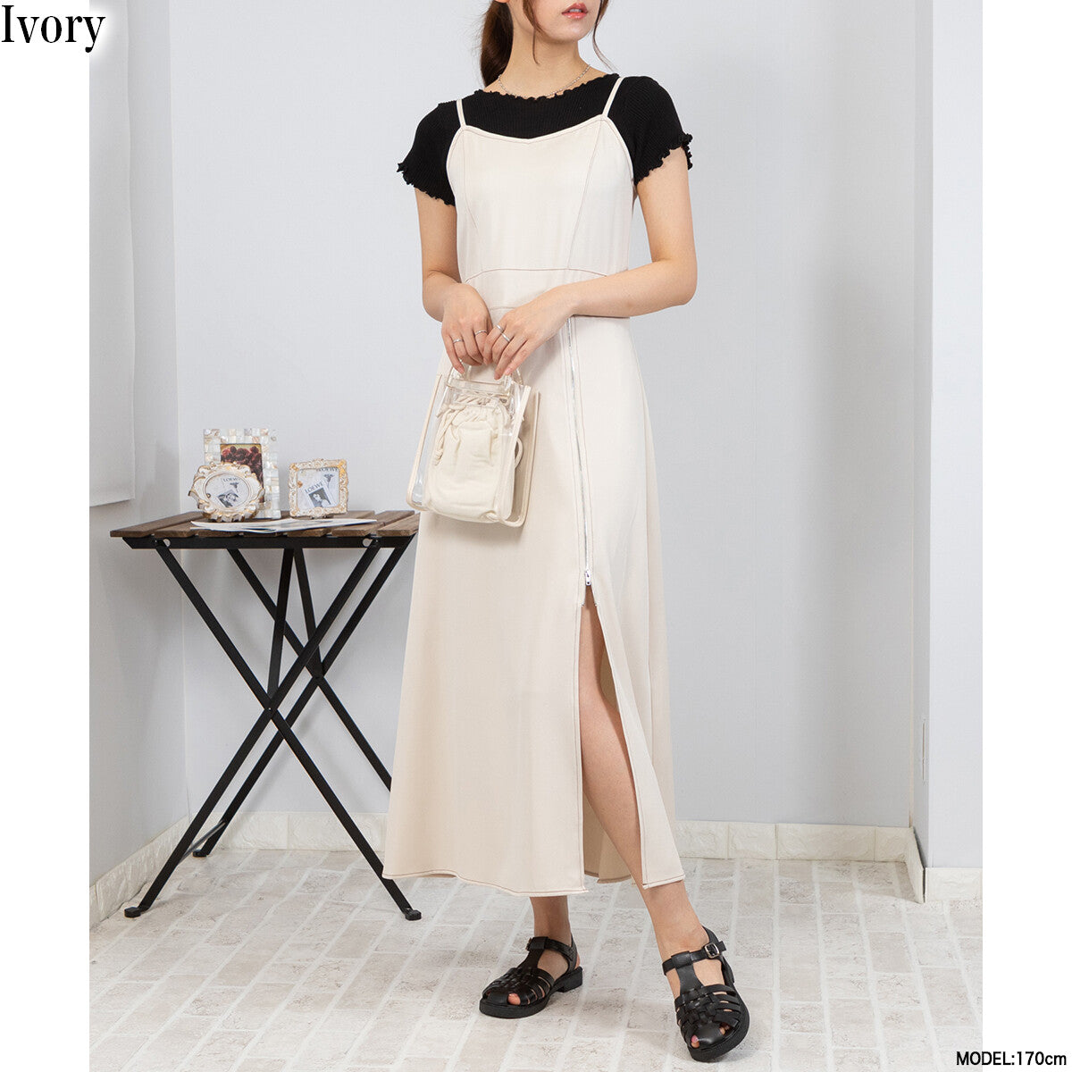 吊帶拉鏈開叉連身裙 4色 [OP105]