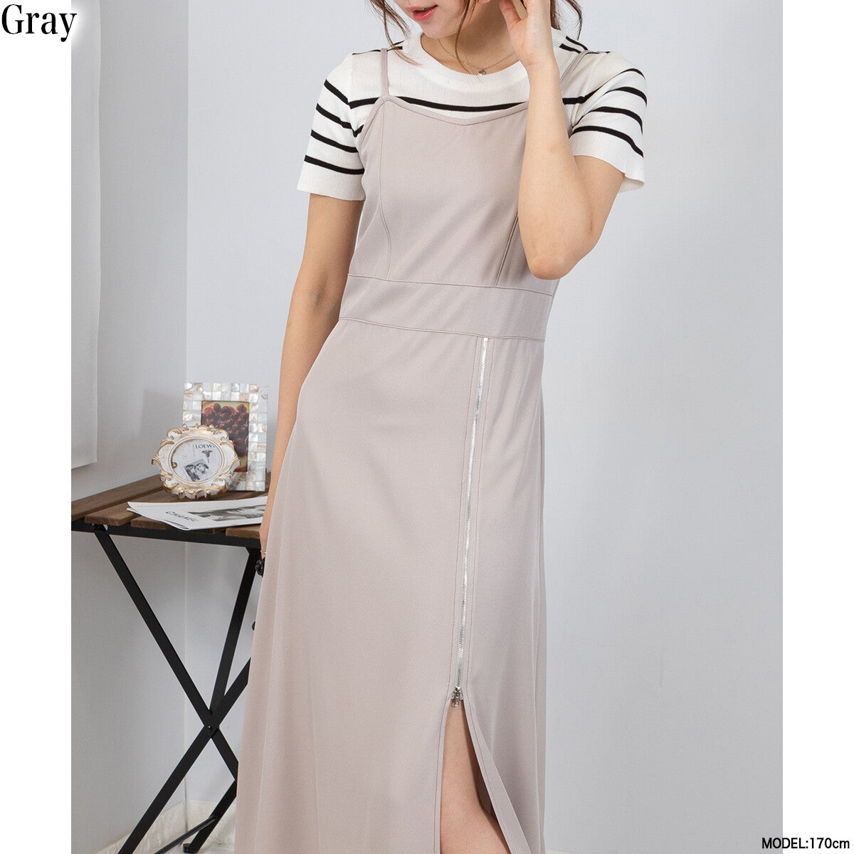 吊帶拉鏈開叉連身裙 4色 [OP105]