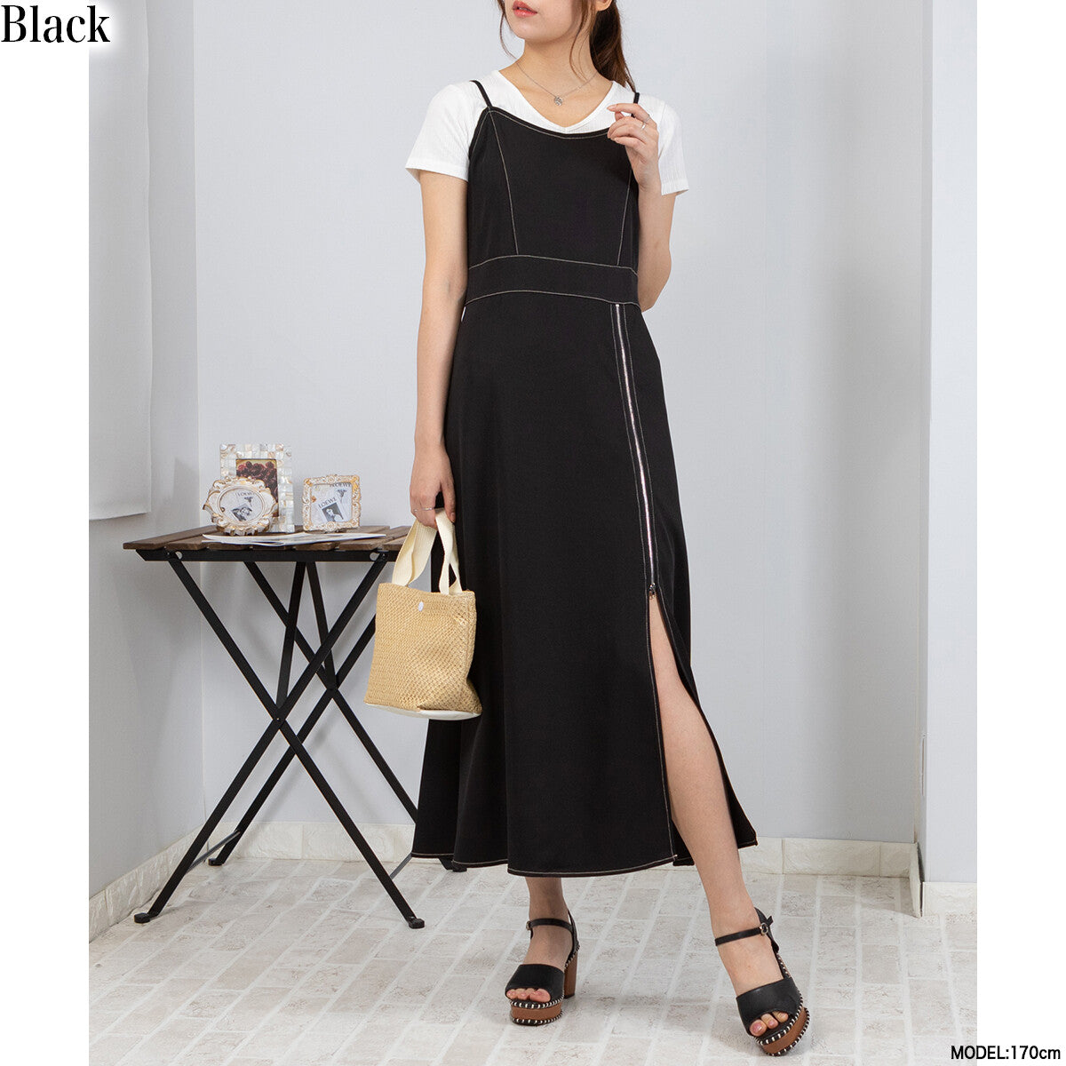 吊帶拉鏈開叉連身裙 4色 [OP105]