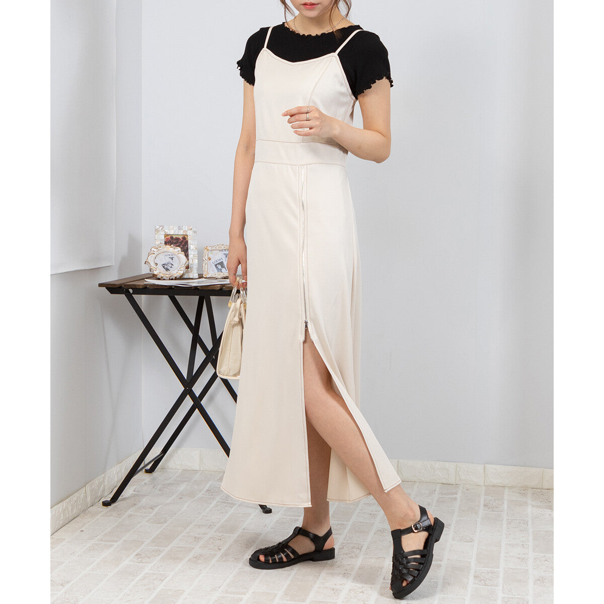 吊帶拉鏈開叉連身裙 4色 [OP105]