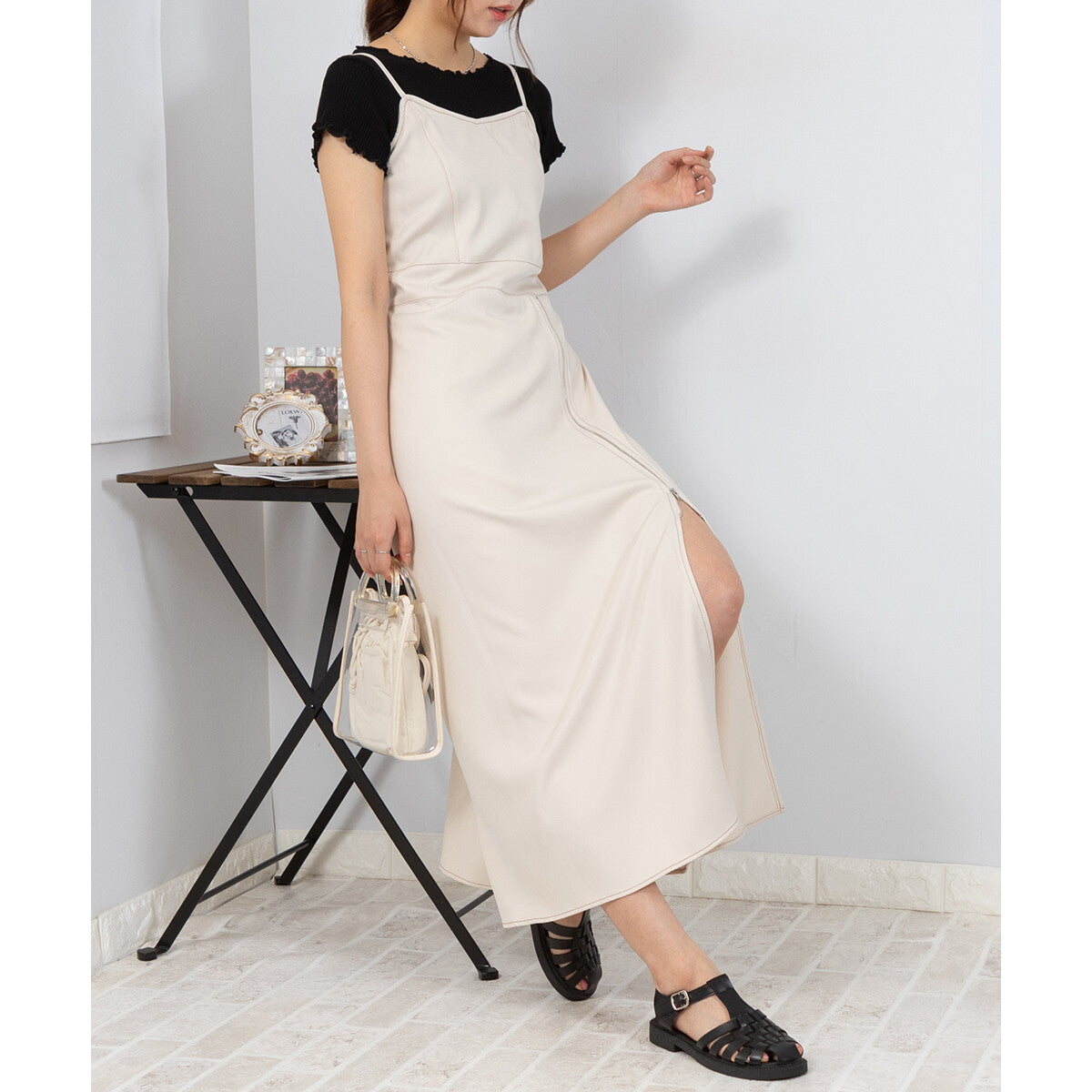 吊帶拉鏈開叉連身裙 4色 [OP105]