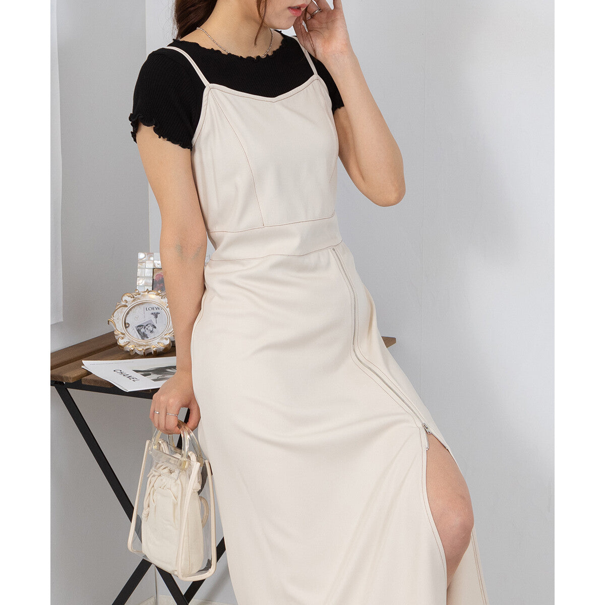 吊帶拉鏈開叉連身裙 4色 [OP105]