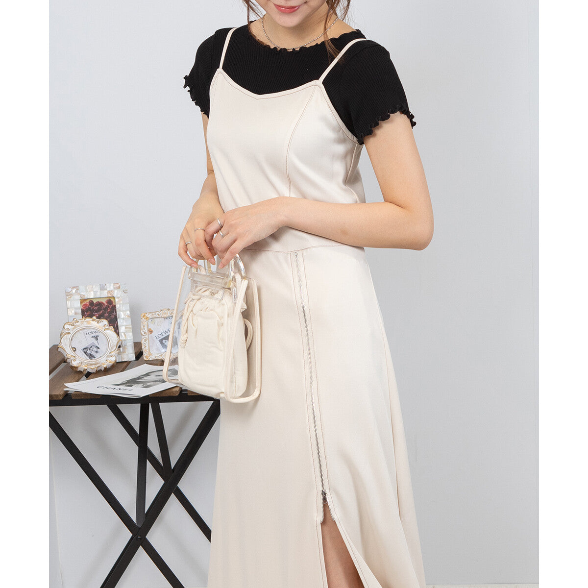 吊帶拉鏈開叉連身裙 4色 [OP105]