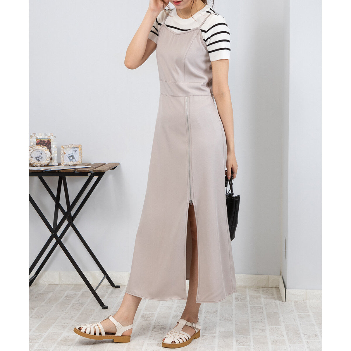 吊帶拉鏈開叉連身裙 4色 [OP105]