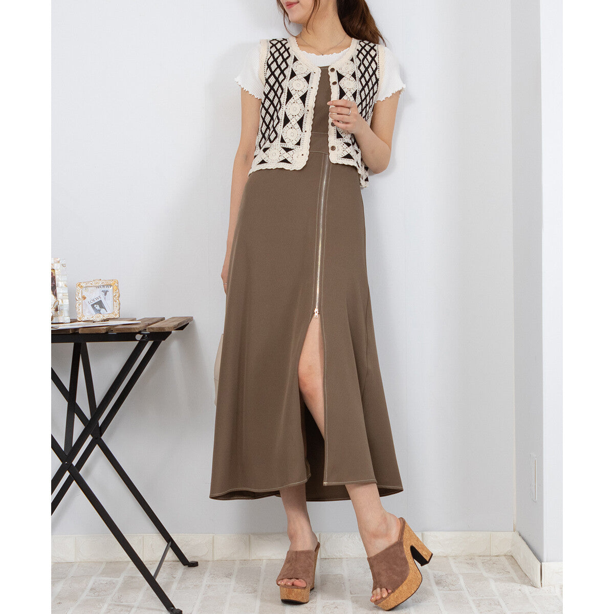 吊帶拉鏈開叉連身裙 4色 [OP105]