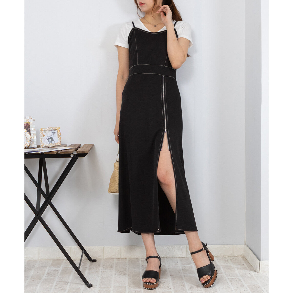 吊帶拉鏈開叉連身裙 4色 [OP105]