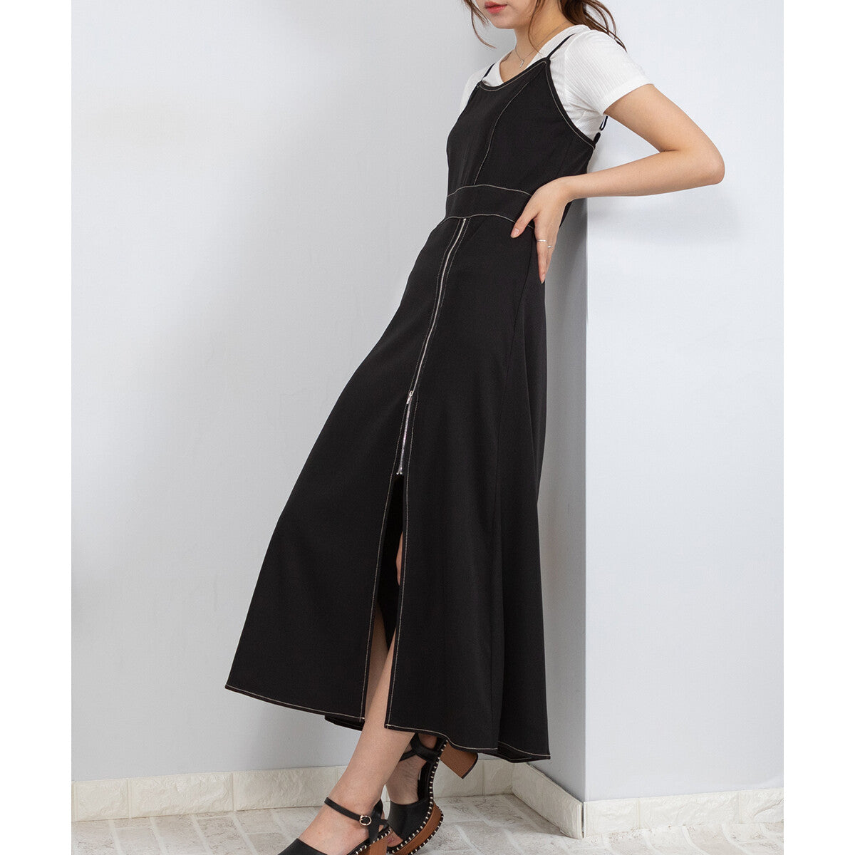 吊帶拉鏈開叉連身裙 4色 [OP105]