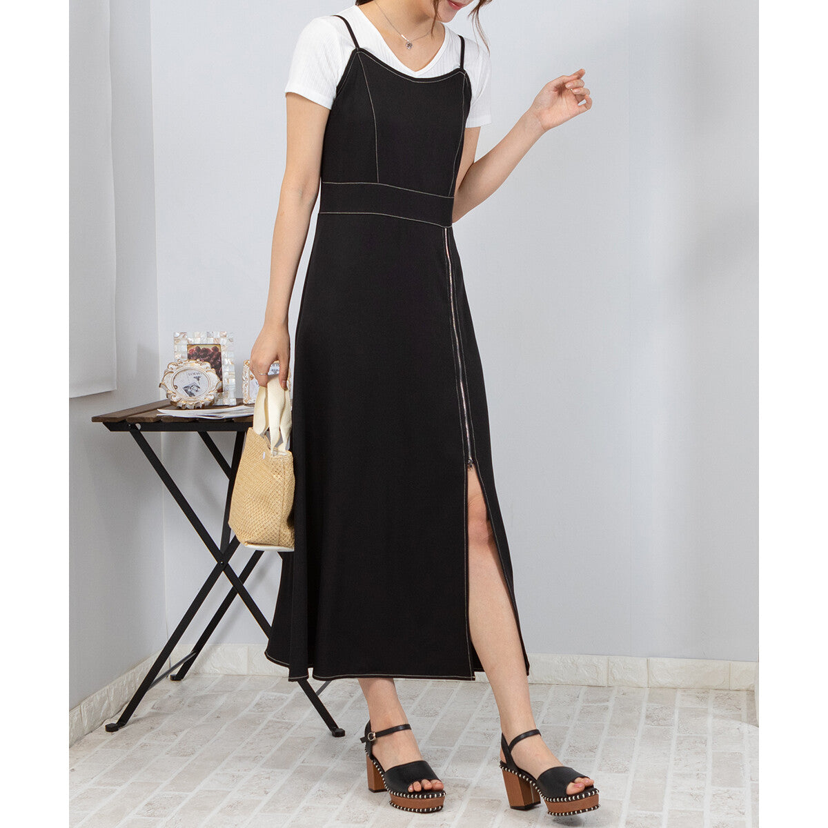 吊帶拉鏈開叉連身裙 4色 [OP105]