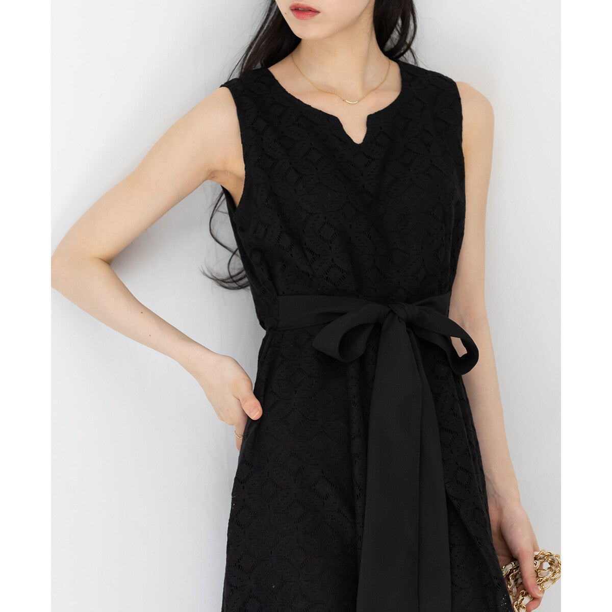 菱格蕾絲蝴蝶結連身裙 [OP111]