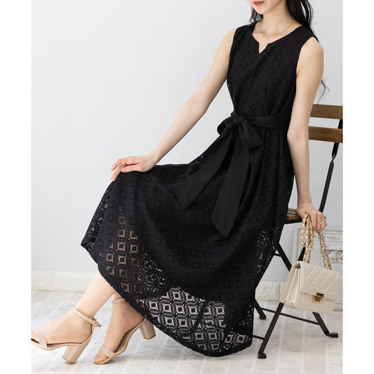 菱格蕾絲蝴蝶結連身裙 [OP111]