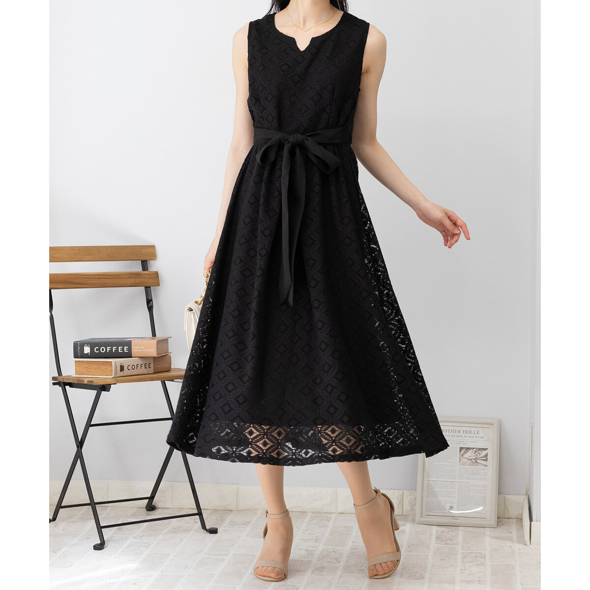 菱格蕾絲蝴蝶結連身裙 [OP111]