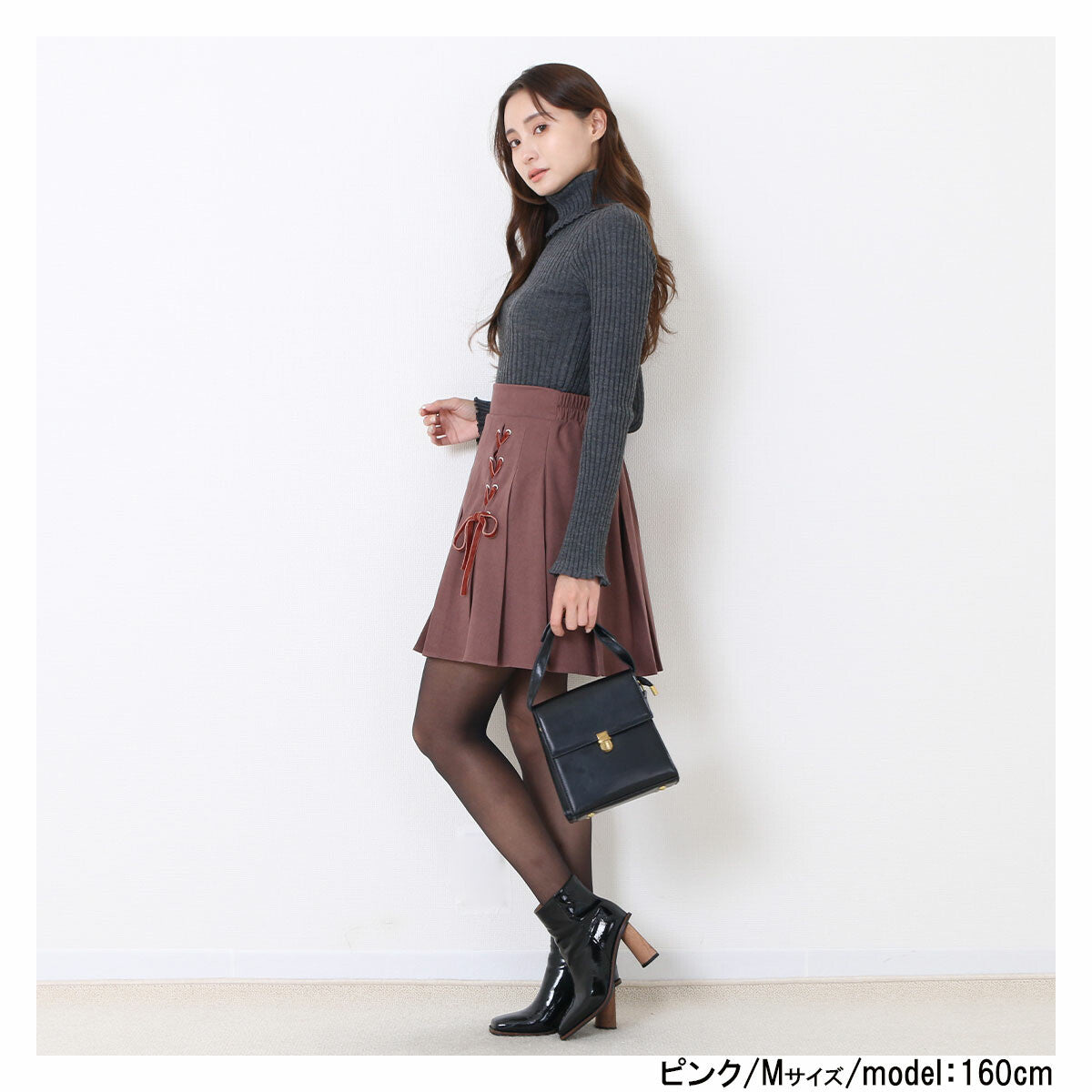 絨面蝴蝶結綁帶百摺裙 3色 [BT146]