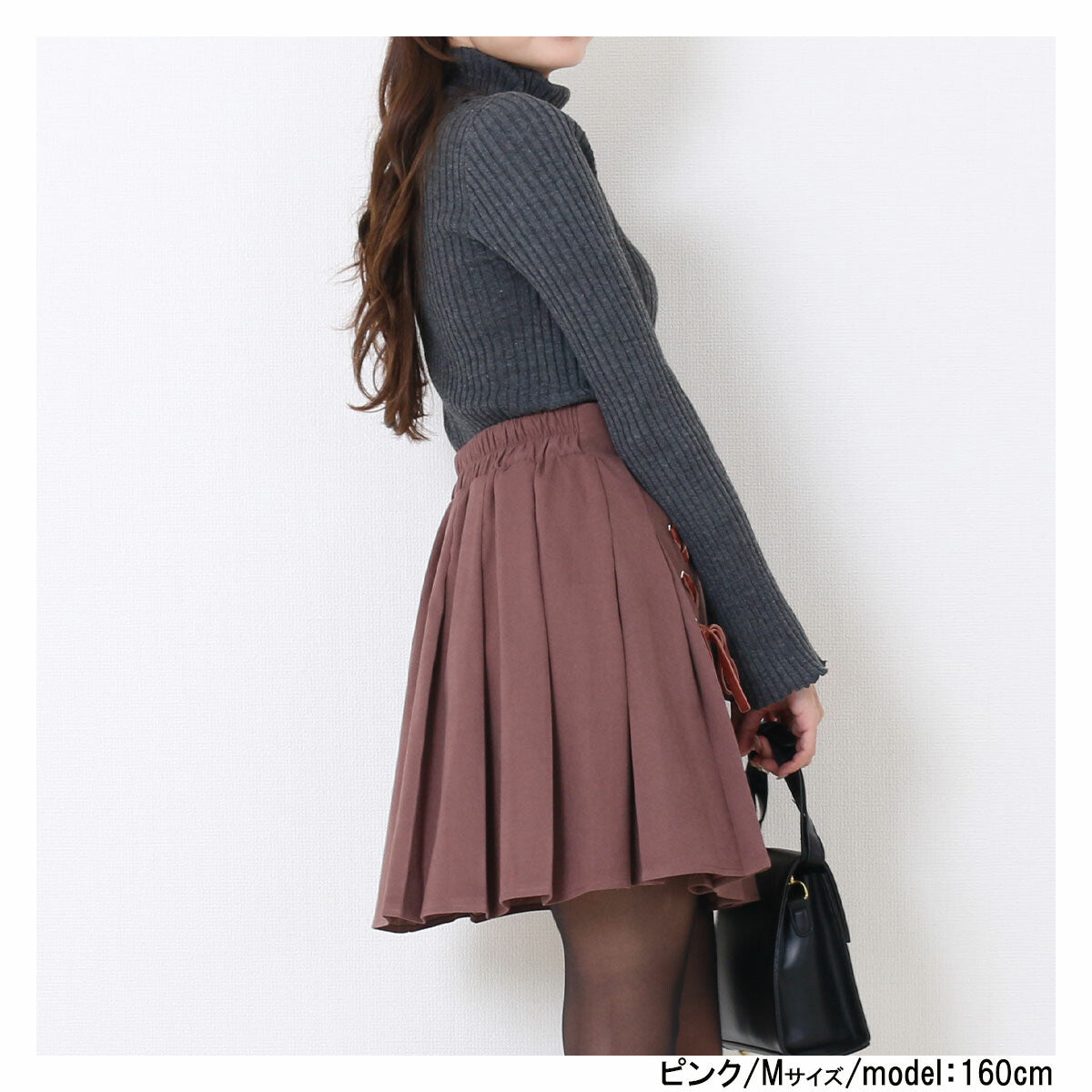 絨面蝴蝶結綁帶百摺裙 3色 [BT146]