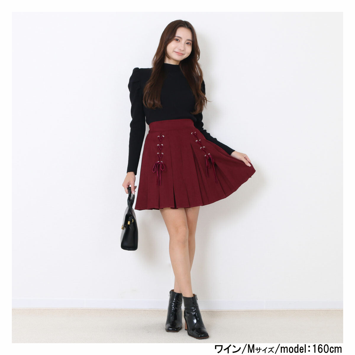 絨面蝴蝶結綁帶百摺裙 3色 [BT146]