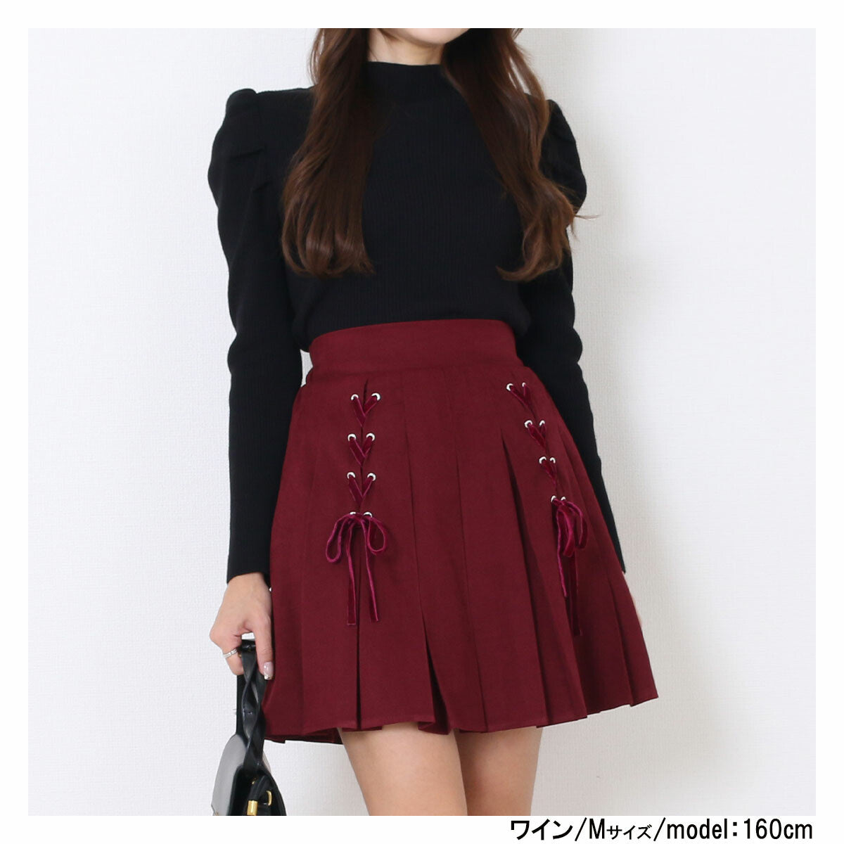 絨面蝴蝶結綁帶百摺裙 3色 [BT146]