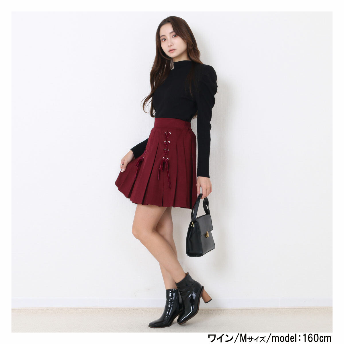 絨面蝴蝶結綁帶百摺裙 3色 [BT146]